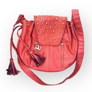 SuperTrash large salmon coloured crocodile satchel with gold hardware & Pom poms